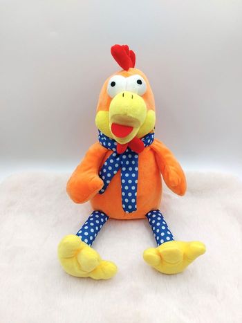 Peluche doudou poule coq orange jaune FIZZY 35 cm foulard bleu pois blanc