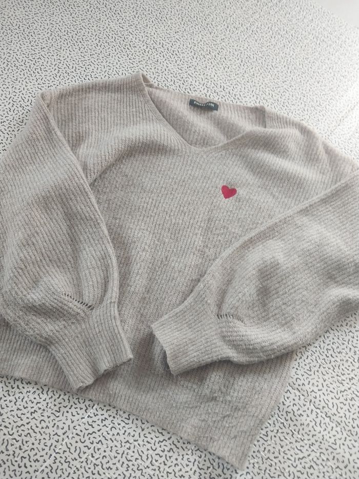 pull beige cœur rouge femme doux chaud taille 36 38 40 oversize tendance - photo numéro 4