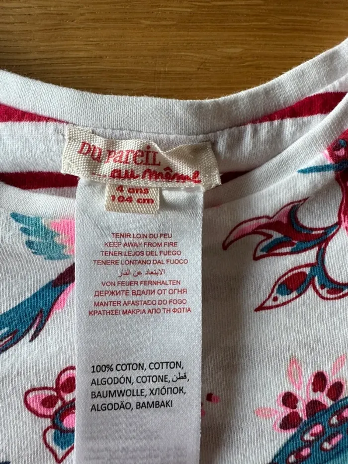 Teeshirt ML réversible un côté fond blanc oiseaux et fleurs, l’autre marinière - Taille 4 Ans - photo numéro 4