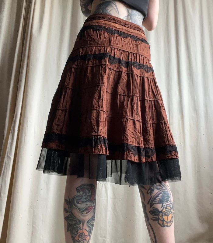 Jupe midi marron dentelle Witchy Fairygrunge vintage made in France 🇫🇷 90s - Taille S - photo numéro 3