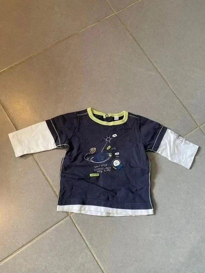 T-shirt Sergent Major - Manches Longues - Bleu Marine & Ecru "Système solaire" 6 mois
