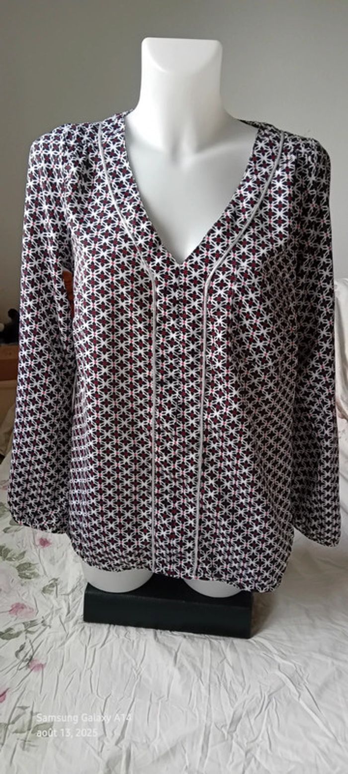 Blouse fluide manches longues col V motif fleurs liseré argenté noir femme L m&s mode - photo numéro 3