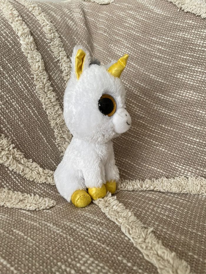 Peluche doudou 18cm TY licorne blanc gris et jaune très bon état - photo numéro 2