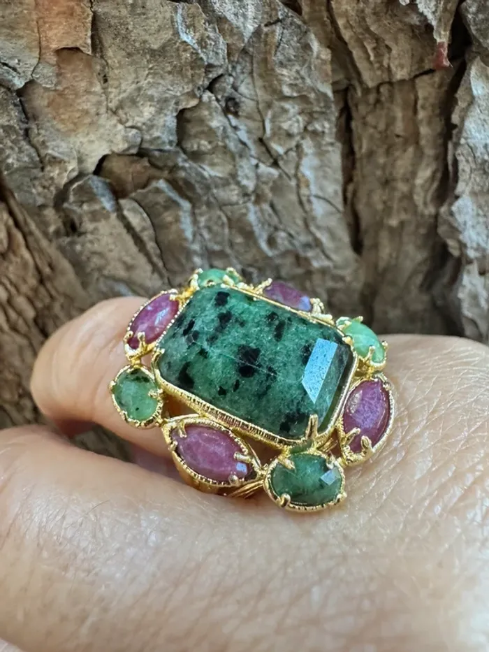 Grosse bague habaha paris amazonite malachite jade rose acier inoxydable or - photo numéro 4
