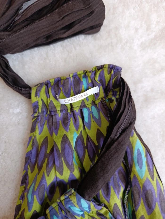 Robe d'été Chattawak 40 violet, marron et vert style hippie 70's 100% coton avec volants - photo numéro 6