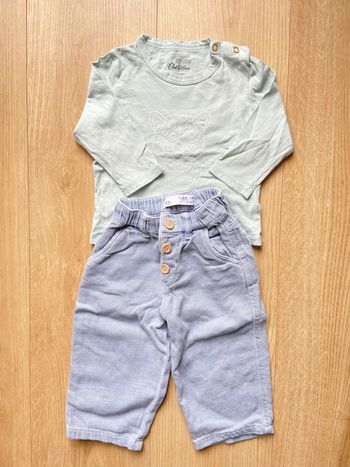 Ensemble jean bleu clair Zara et haut menthe Chérissons 12 mois