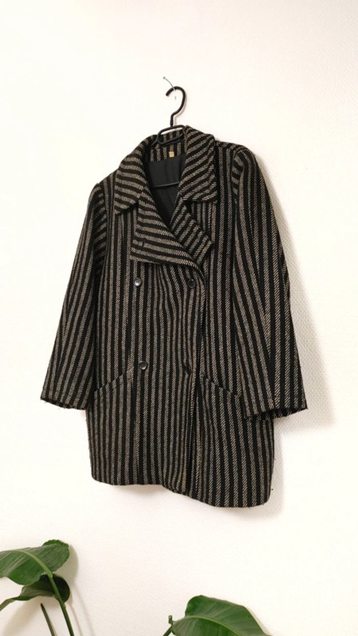 Veste manteau vintage en laine mélanger motif chevron rayé noir - photo numéro 2