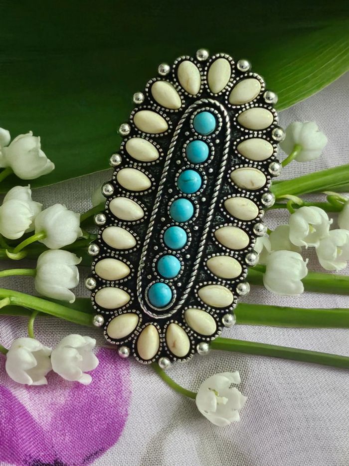 Bague ajustable avec ses pierres howlite et turquoise en acier inoxydable - photo numéro 4