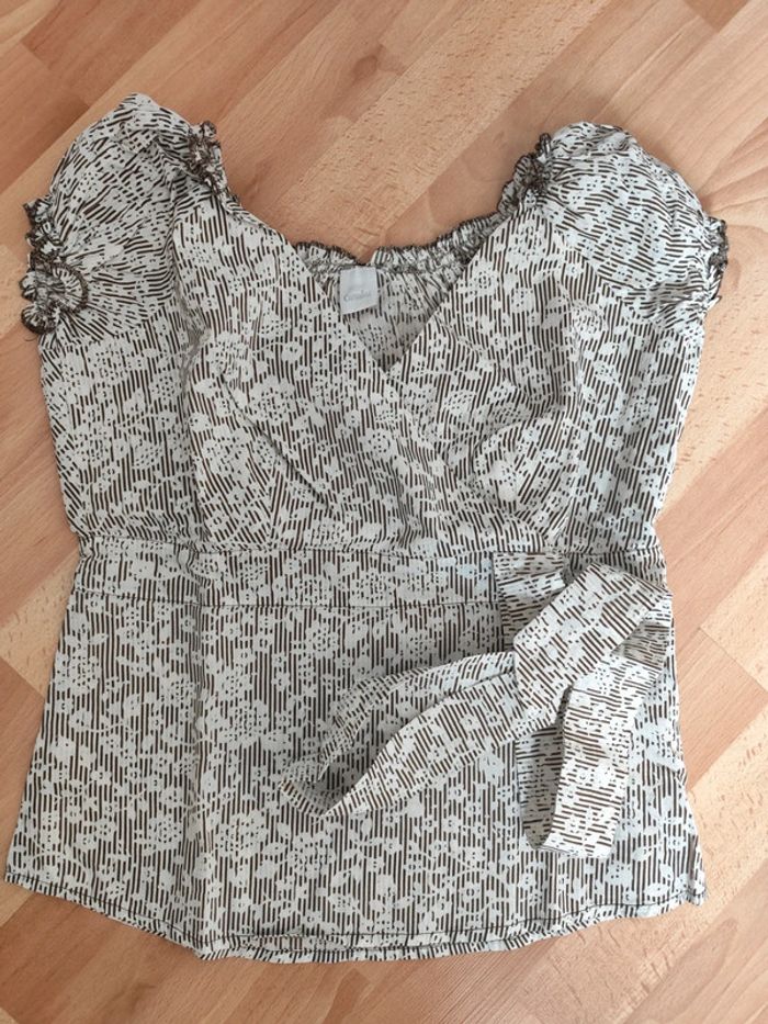 Blouse Vintage à Vendre - Style Rétro avec Motif Fleurs et Rayures 🌸 camaïeu taille s 100 coton