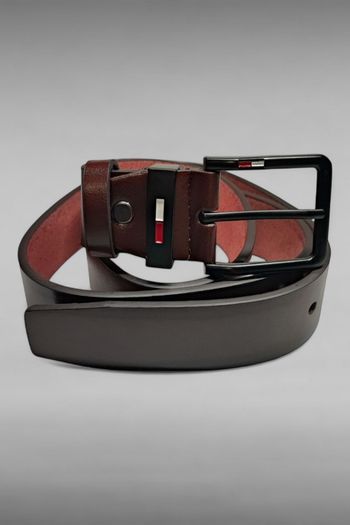 Ceinture cuir PU marron foncé / Boucle acier noire / 120CM