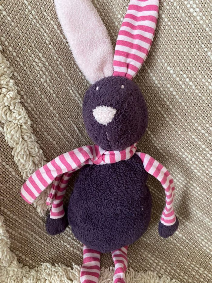 Peluche doudou 34cm bout’chou lapin violet et rose rayé très bon état - photo numéro 2