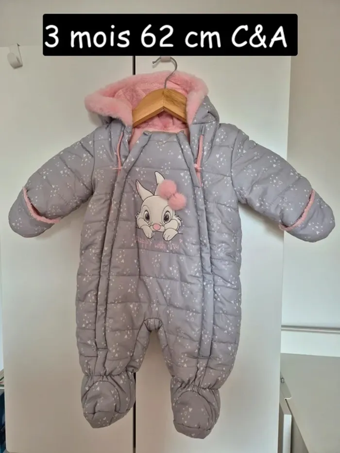 Combi pilote bébé 62 cm 3 mois C&A Disney grise intérieur rose Bambi combinaison - photo numéro 2