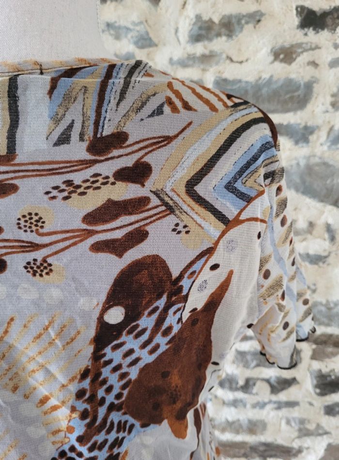 T-shirt blouse manches courtes à motifs marron bleu écru Afibel Taille 40 - photo numéro 7
