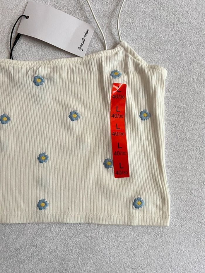 Débardeur côtelé blanc avec fleur Stradivarius L - photo numéro 2