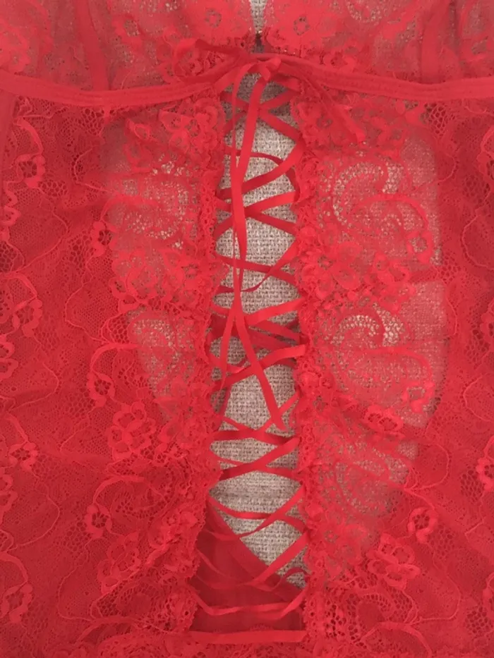 Nuisette courte rouge dentelle voile et dos nu - photo numéro 4
