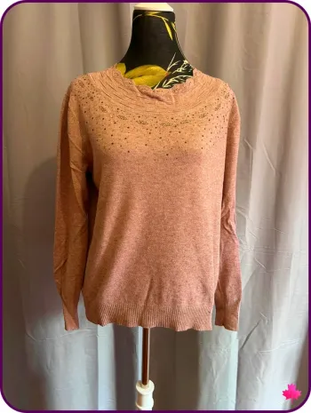 Pull rose poudré/mauve, orné de strass, en maille fine, Taille M/L