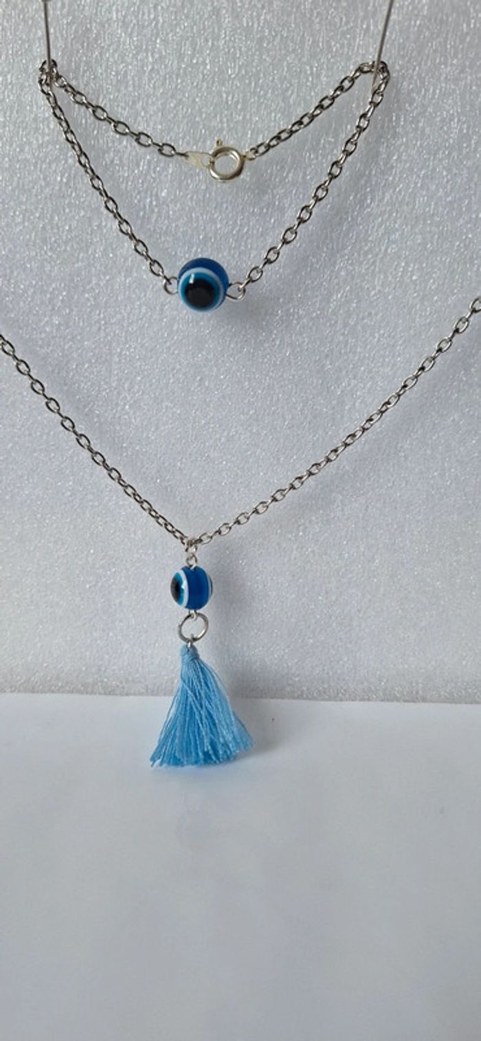 Ensemble bijou chaîne avec perles bleues – Collier, bracelet et boucles d’oreilles - photo numéro 3