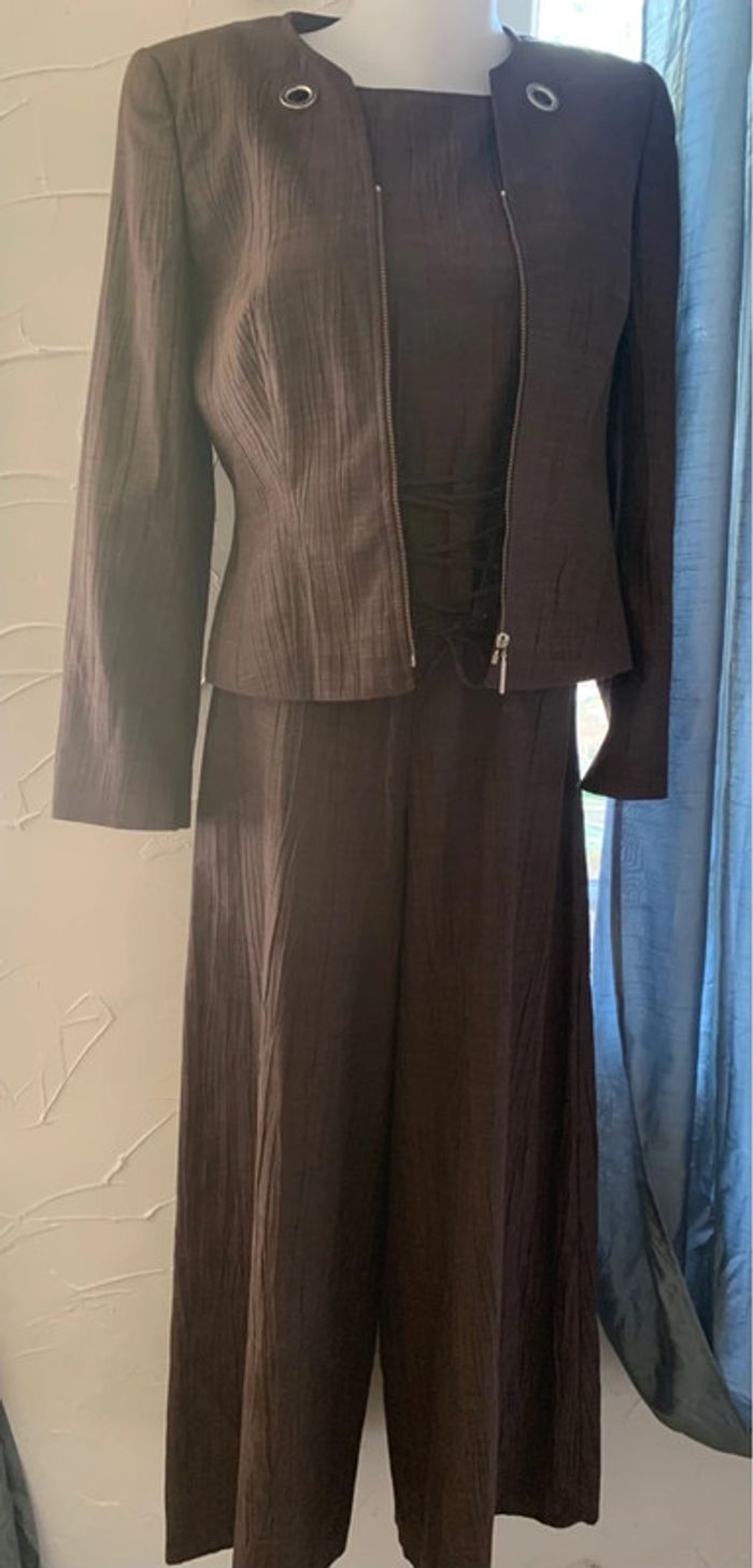 Ensemble 1 2 3 marron tailleur salopette jambes larges +blazer taille 42 - photo numéro 2