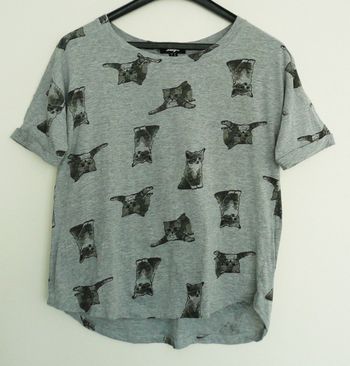 T shirt gris imprimé chats aux yeux bleus. Jennyfer. Taille 38 / 40