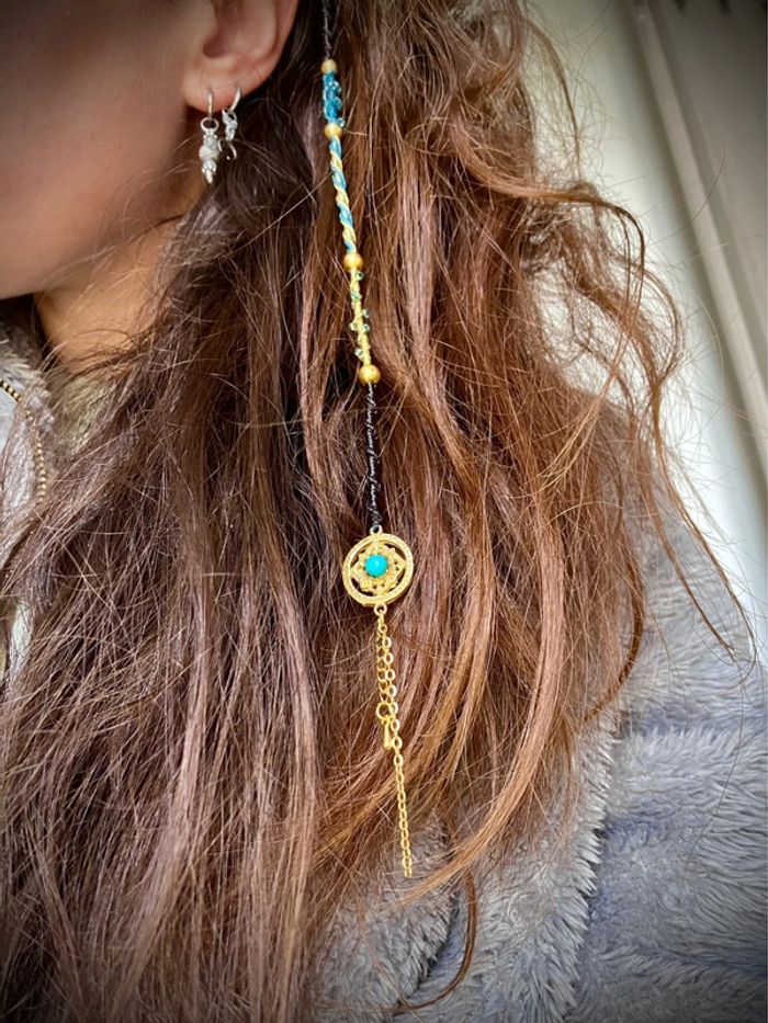 Bijou de cheveux, ateba, macramé imitation pierre Turquoise - photo numéro 4
