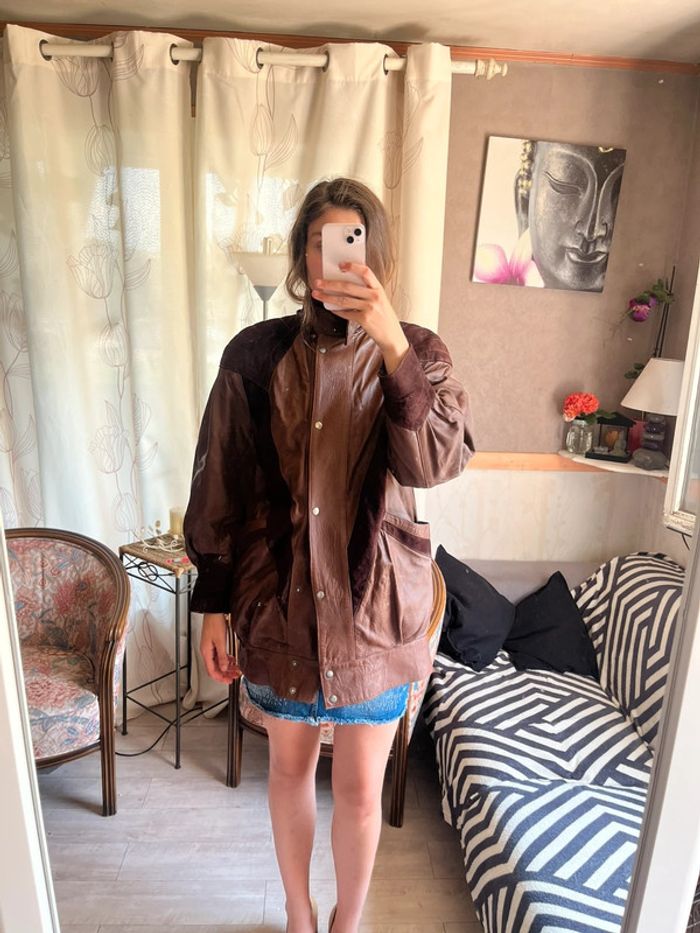 Veste bomber en cuir vintage daim motard moto bomber bombardier - photo numéro 4