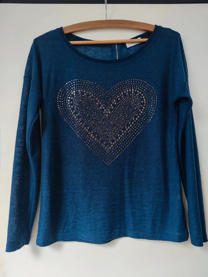 T shirt manches longues cache cache T2 bleu foncé motif coeur