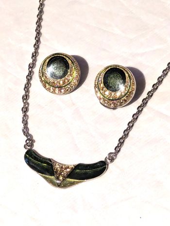 Parure Bijoux Boomerang Ailes Vertes Boucles Oreilles Cercles Strass Bijoux Argentés Fantaisie Femme