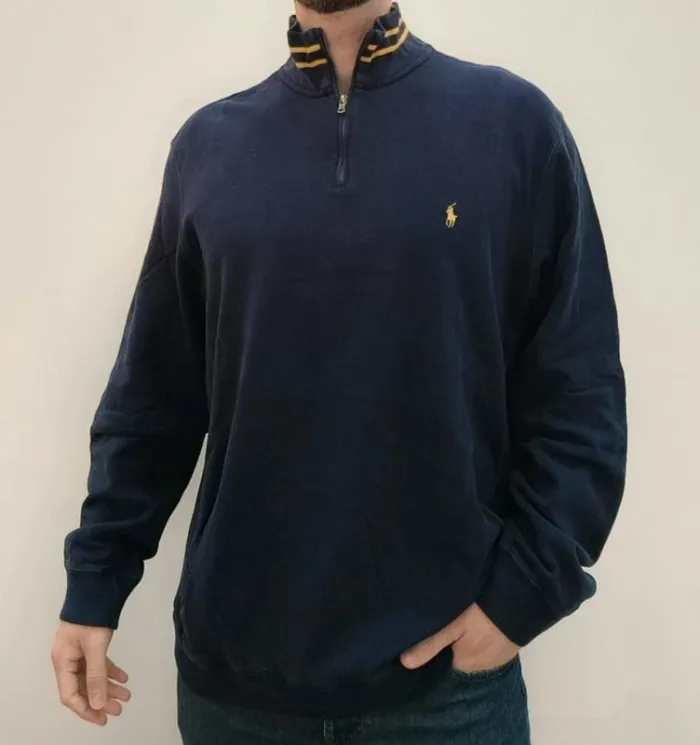 Pull homme 1/4 zippé Ralph Lauren taille XL Bleu avec col rayé jaune