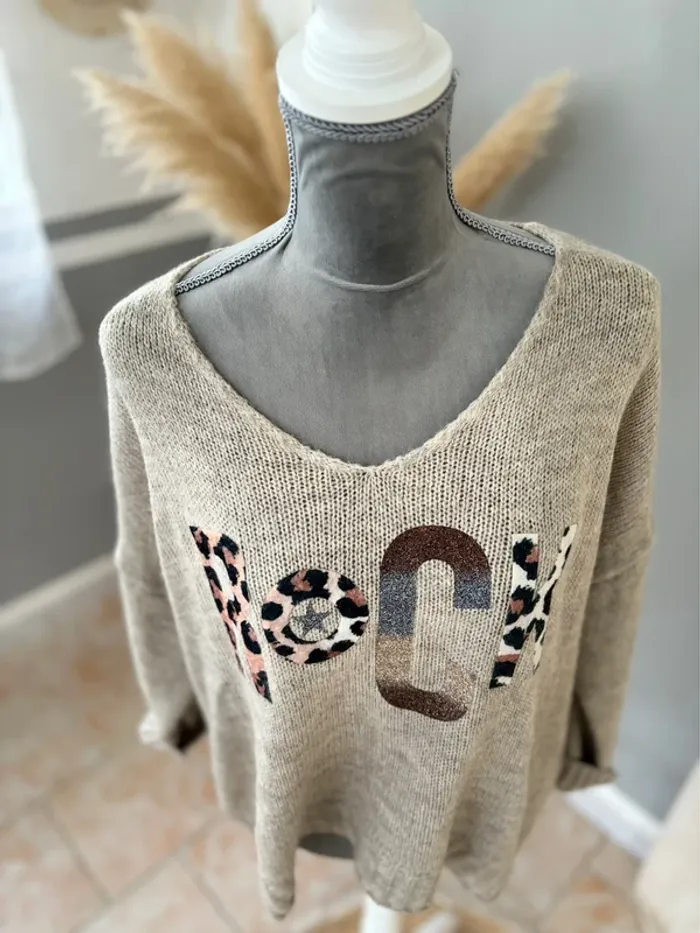 Pull marron-beige avec inscription Rock léopard -Taille unique - photo numéro 7