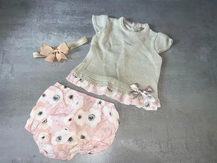Ensemble été 12 mois laine Lola palacios t-shirt culotte bloomer bandeau à fleurs - photo numéro 3