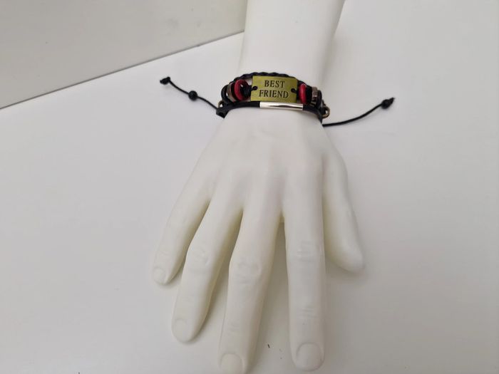 Bracelet Cuir Noir Plaque Métal Meilleur Ami Perles Best Friend - photo numéro 6