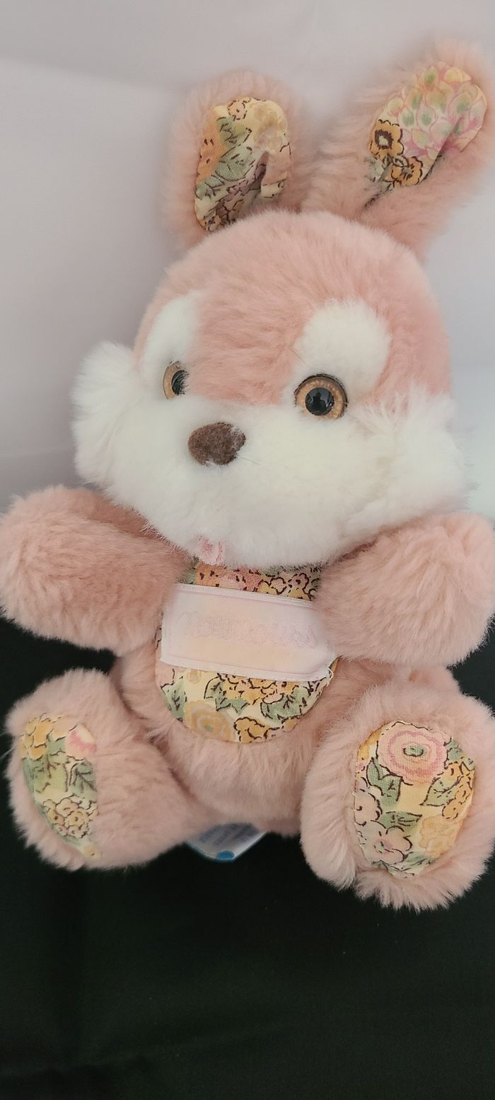 DOUDOU PELUCHE NOUNOURS LAPIN vintagevieux rose fleuris langue yeux jaune - photo numéro 2