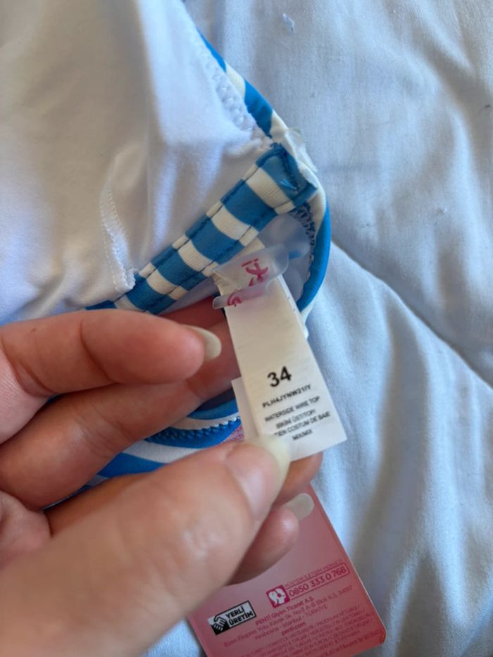 Haut de maillot de bain bikini bleu blanc rayé penti taille XS/34 neuf - photo numéro 5