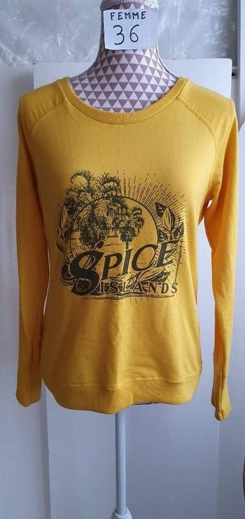 Sweat-shirt, jaune avec motifs noir, en très très bon état, coton polyester, marque Cécilia Classics