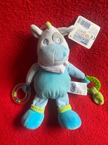 🇫🇷 Peluche doudou Vache Blanc Bleu Anneau Activité MOTS D’ENFANTS 100 % NEUF