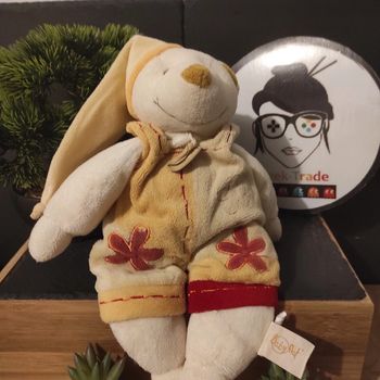 Doudou peluche Ours Baby Nat Salopette Orange Jaune Fleur Rouge Bonnet Nuit   #geektradedoudou