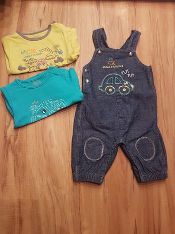 Ensemble salopette jeans bleu# tshirt manches longues turquoise # vert# voiturs3 mois 3pc