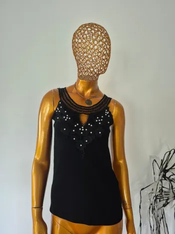 Top Noir Avec Strass et Perles Femme Taille Unique