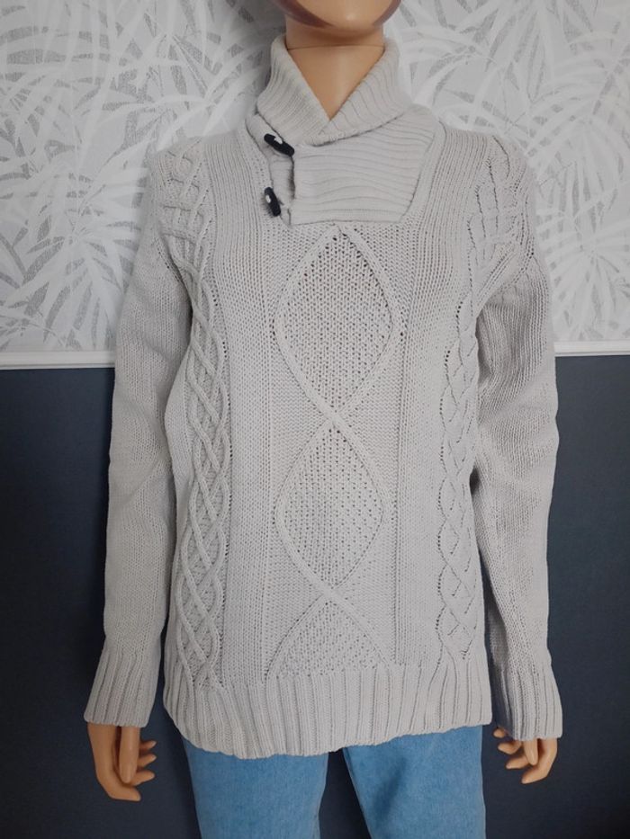 Pull torsadé à col châle gris perle S N*539 - photo numéro 2