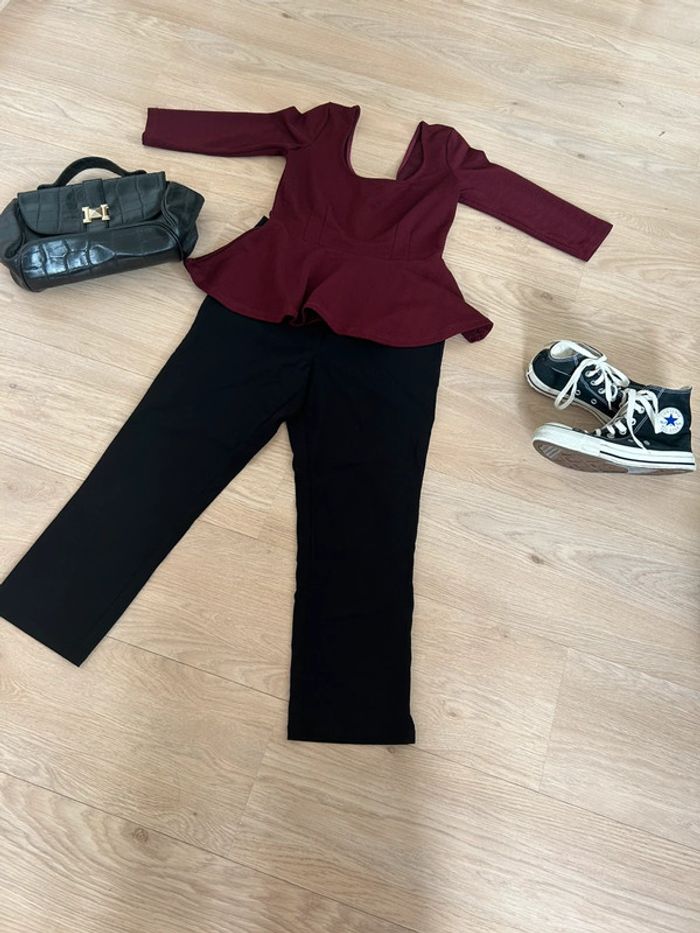 Ensemble femme pantacourt noir et top pelplum manches 3/4 bordeaux - photo numéro 5