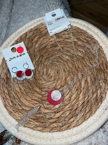 Neuf femme Parure de bijoux fantaisies argenté rouge collier longs boucles d’oreilles pendantes