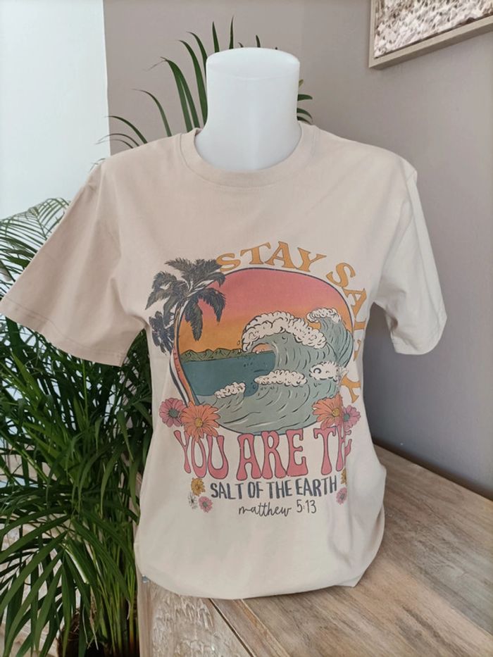 T-shirt beige imprimé Plage Vagues