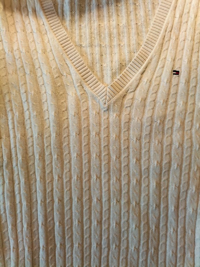 Pull blanc-crème, col V en laine torsadée - photo numéro 3
