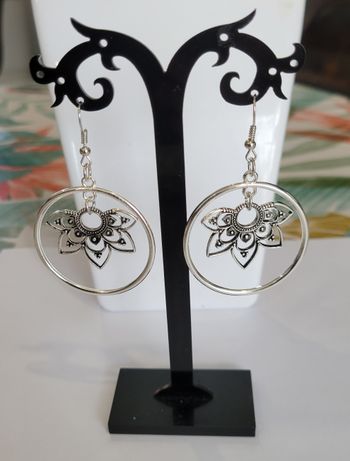 BOUCLES D'OREILLES ANNEAUX CREOLES LOTUS ARGENTE ! NEUF!