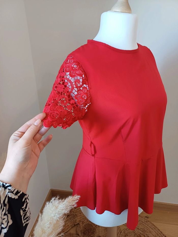 Blouse rouge péplum avec dentelle Viola Moda taille L 40 - photo numéro 6