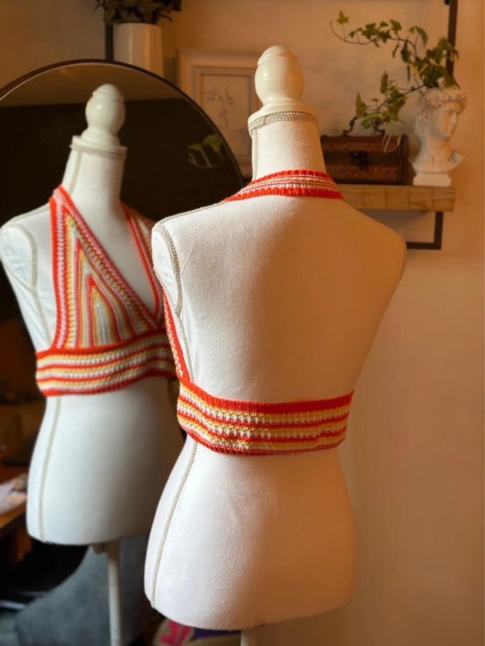 Crop top dos nu en maille brodée - Taille unique - Orange - photo numéro 7