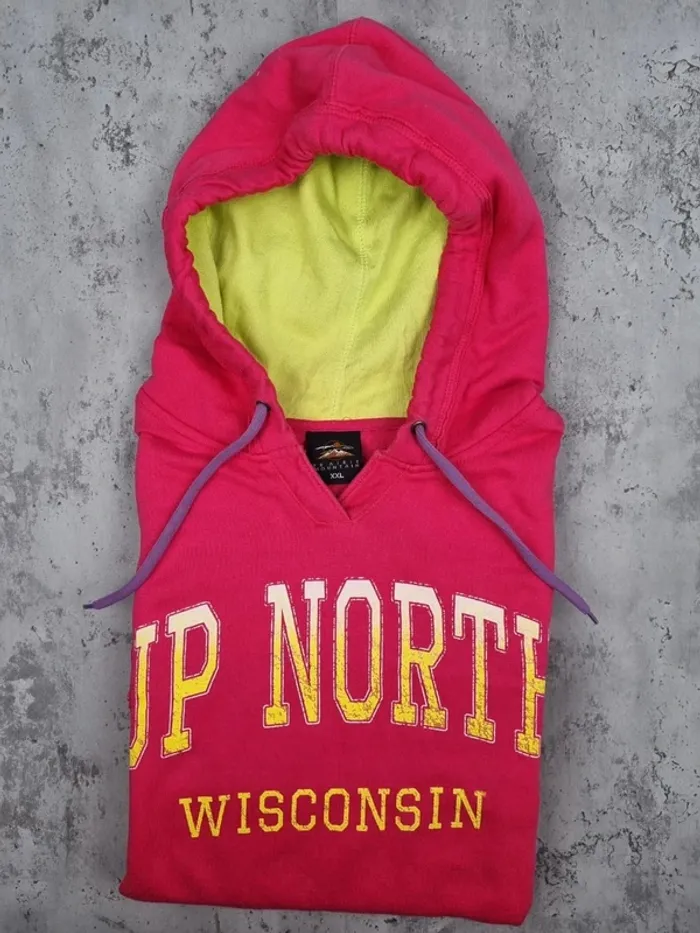 Pull à capuche universitaire Wisconsin rose & jaune – Taille XXL Femme (mesures en photos) - photo numéro 2