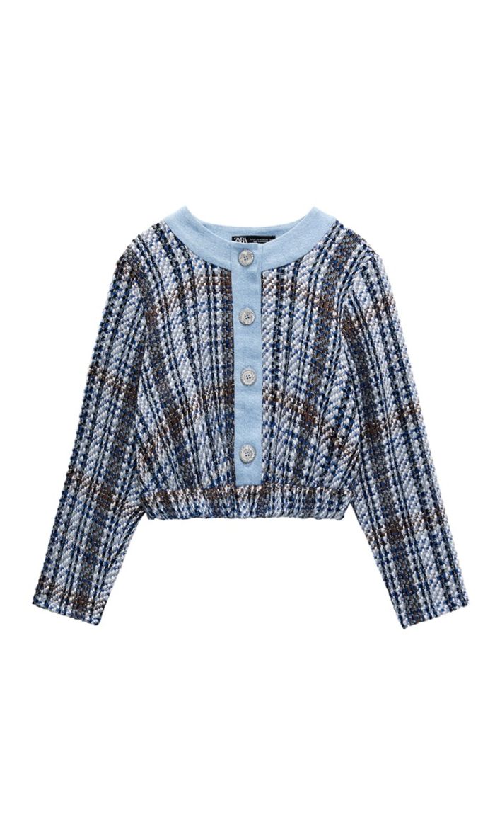 Top cardigan cropped court bi matière en denim col rond boutonné bleu zara taille M/38