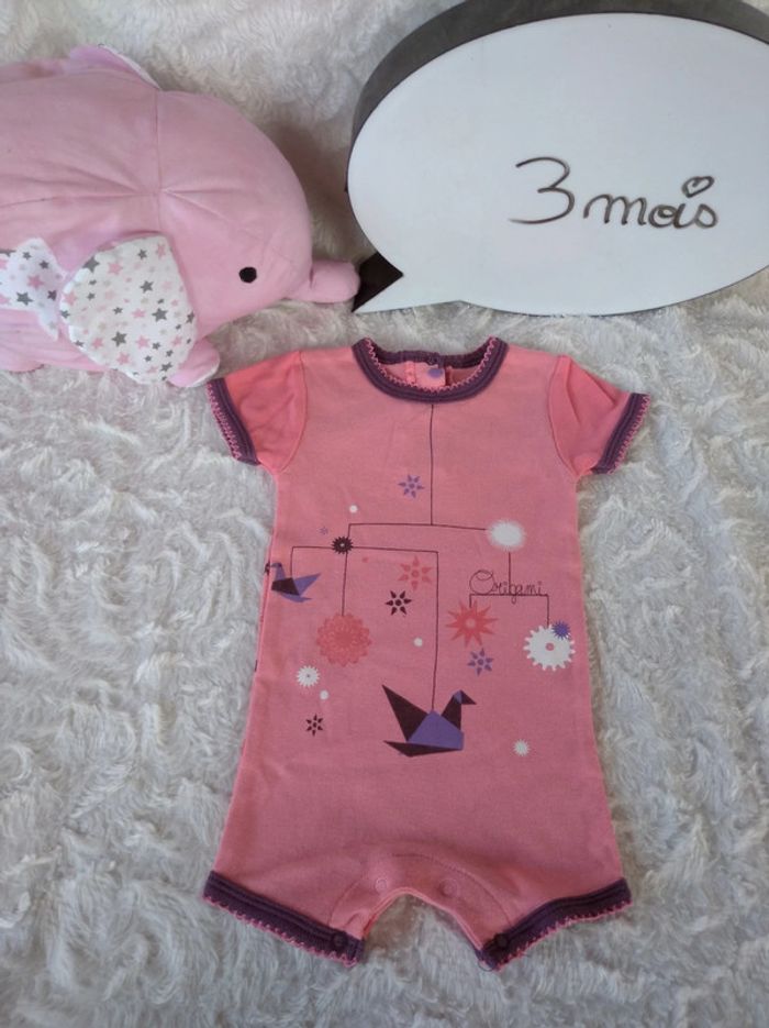 Barboteuse Combishort combinaison été Fille 3 mois Oiseaux Origami Kitchoun