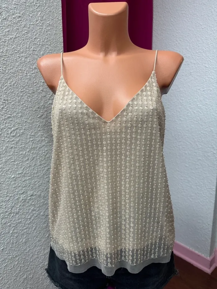 Débardeur beige à sequins et perles